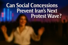 AI-generated illustration of a concert in Iran with youth and protest imagery in the background.