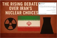 Graphic titled “The Rising Debate over Iran’s Nuclear Choices” with radiation symbol, Iranian flag, cooling tower, and a tweet inset asking if Iran should build a bomb or abandon enrichment.