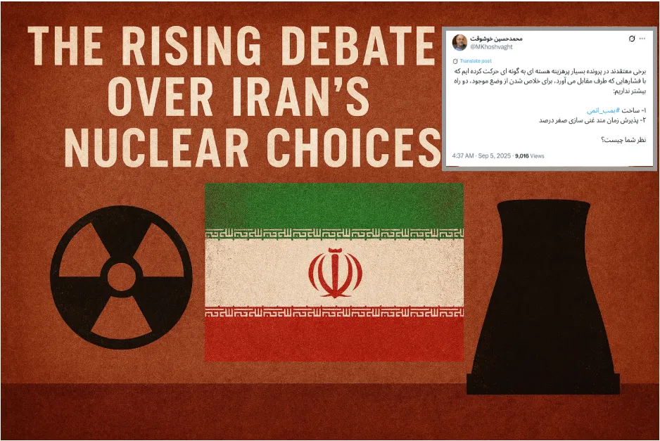 Graphic titled “The Rising Debate over Iran’s Nuclear Choices” with radiation symbol, Iranian flag, cooling tower, and a tweet inset asking if Iran should build a bomb or abandon enrichment.
