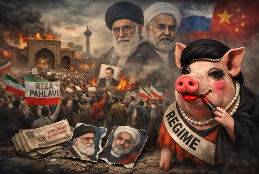 AI-generated illustration depicting protests in Tehran, regime figures, economic strain, and symbolic imagery reflecting political unrest.